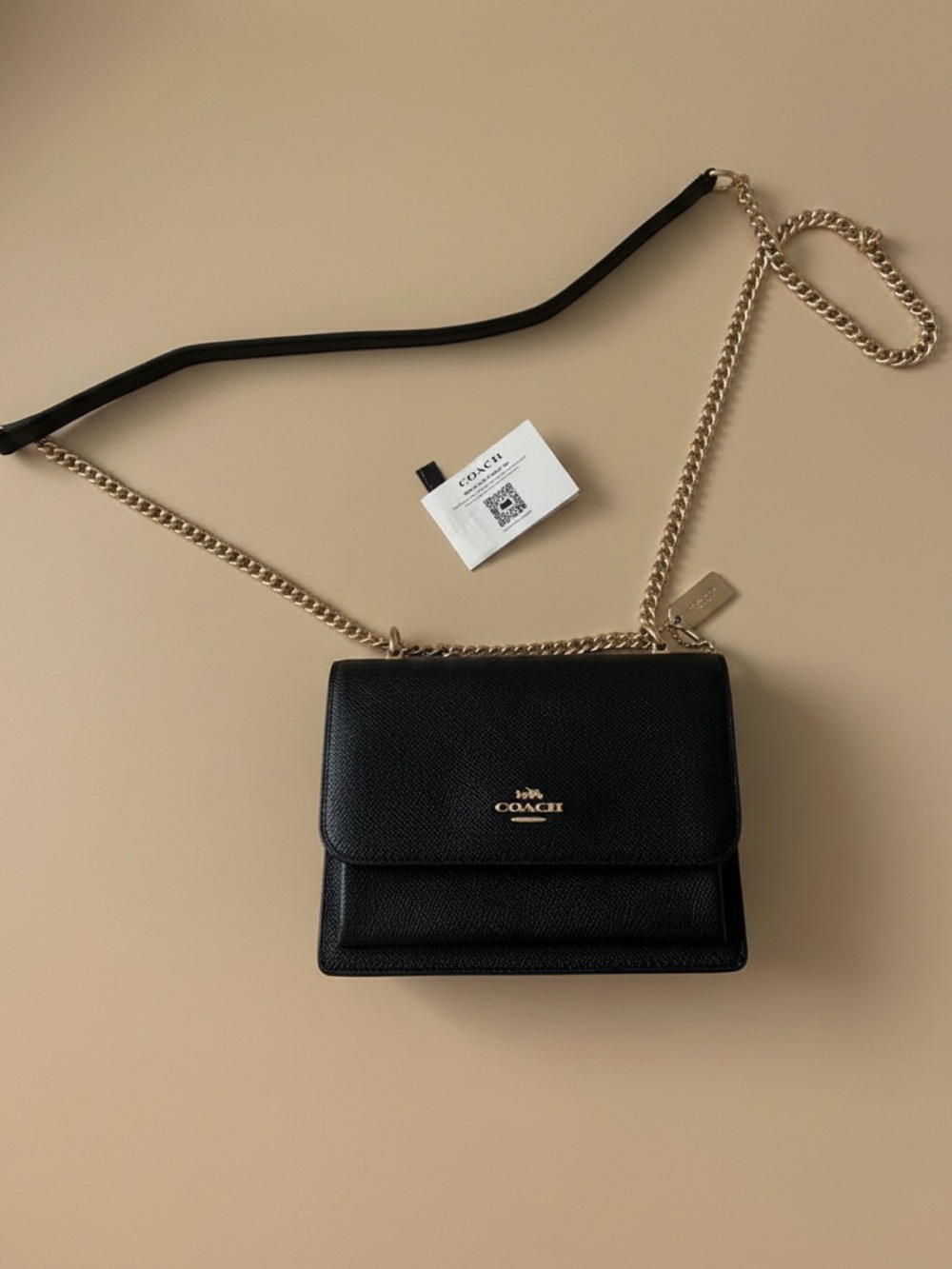 Coach Black Leather Klare Crossbody Bag with Gold Chain Strap